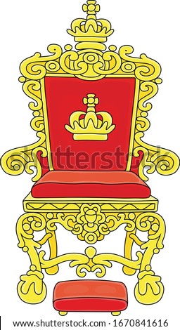 Golden throne of an emperor or a king ruling over a fairy kingdom, a symbol of autocratic power, vector cartoon illustration on a white background