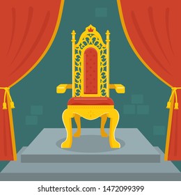 golden throne with red velvet. fairy kingdom. flat vector illustration.