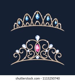 Golden tiara crowns set. Wedding diadem with diamonds and gems. Princess crowns vector. Jewelry design.