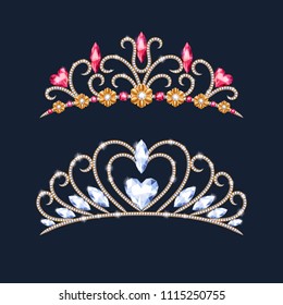 Golden tiara crowns set. Wedding diadem with diamonds and gems. Princess crowns vector. Jewelry design.