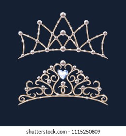 Golden tiara crowns set. Wedding diadem with diamonds and pearls. Princess crowns vector. Jewelry design.