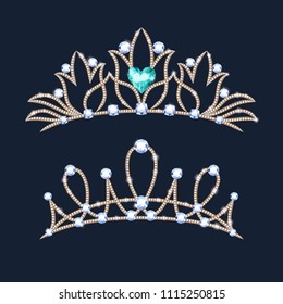 Golden tiara crowns set. Wedding diadem with diamonds and gems. Princess crowns vector. Jewelry design.