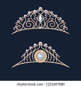 Golden tiara crowns set. Wedding diadem with diamonds and pearls. Princess crowns vector. Jewelry design.