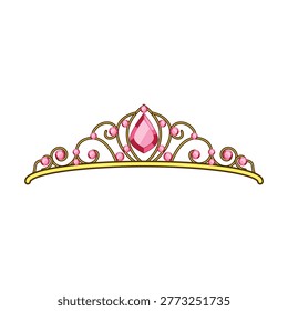 Golden tiara featuring intricate scrollwork with pink teardrop and round gemstones, symbolizing elegance, royalty, and celebration for weddings and princess themes