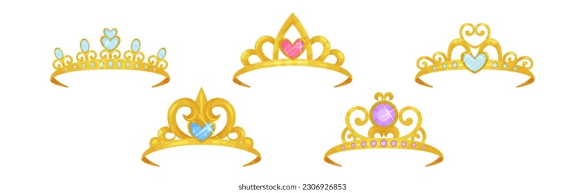 Golden Tiaras or Diadem with Gemstones Vector Set