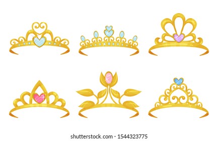 Golden Tiaras With Gemstones Vector Isolated On White Background Set