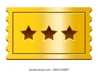 Golden ticket 3d. Golden ticket with three stars. Vector illustration.