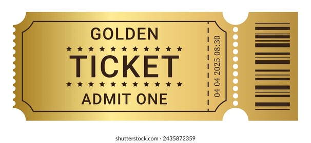 Golden ticket admit one pass or VIP coupon. Vector illustration isolated on white background
