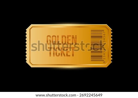 Golden ticket with barcode isolated on black background. Gold coupon, sticker, discount tag mockup. Cinema, theater, concert, party, event invitation entrance. Realistic vector illustration.