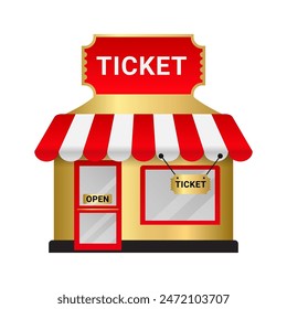Golden ticket counter or ticket office box selling coupons and pass illustration isolated on white background