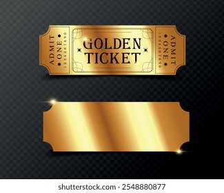 Golden ticket design and blank ticket template on dark background. Suitable for festival, cinema, theater, concert, casino, circus, event tickets