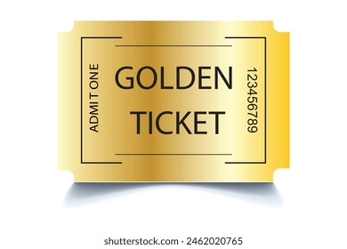 Golden ticket. Eps10. Vector golden ticket template. Cinema, theater, casino, concert, game, party, event, festival gold ticket. Invite ticket for casino club. Vector illustration.