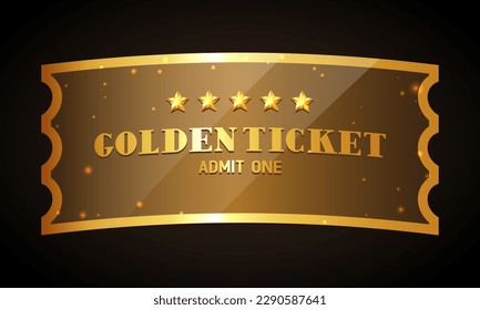 Golden ticket. Golden ticket with five stars and golden sparkles. Vector illustration.