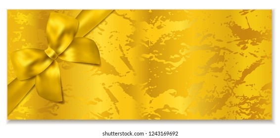 Golden ticket, Gift Certificate / Gift Voucher vector template. Holiday reward card design with corrugated golden background. Useful for Coupon, any festival, party, cinema, event, entertainment show