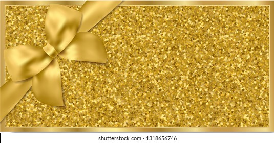 Golden ticket, Gift Voucher, Gift Certificate with sparkle starry glitter background and gold bow (ribbon). Blank coupon  template useful for any invitations, party, event or entertainment show 