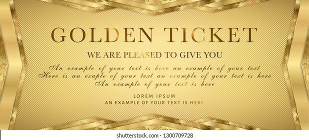 Golden Ticket. Gold Background For Reward Card Design. Useful For Coupon, Any Festival, Party, Cinema, Event Or Entertainment Show