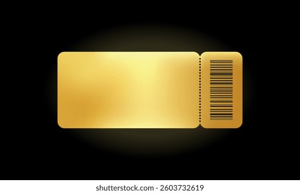 Golden Ticket. Gold realistic vector coupon, sticker or discount tag mockup isolated on black background. Movie theater, theater, concert, party