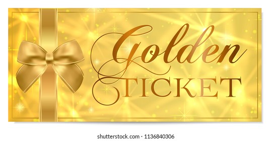 Golden ticket, Gold ticket (tear-off) vector template design with star golden background. Useful for Coupon, any festival, party, cinema, event, entertainment show, concert