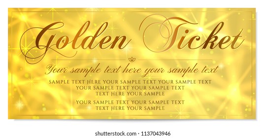 Golden ticket, Gold ticket (tear-off) vector template design with star golden background. Useful for Coupon, any festival, party, cinema, event, entertainment show, concert