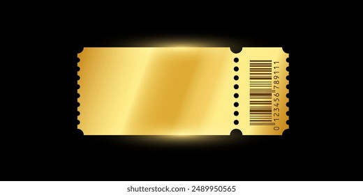 Golden ticket. Gold vector coupon, sticker or discount tag mockup isolated on black background. Cinema, theater, concert, party, event, festival invitation entrance.