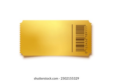 Goldenes Ticket. Goldvektor-Coupon, Aufkleber oder Discount-Tag-Mockup einzeln auf weißem Hintergrund. Kino, Theater, Konzert, Party, Event, Einladung zum Festival.