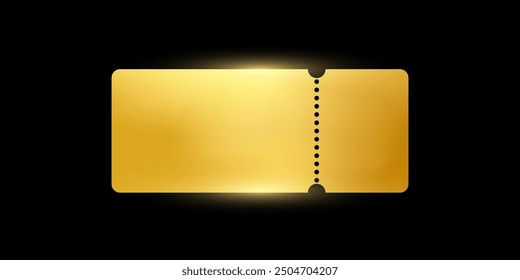 Golden ticket. Gold vector coupon, sticker or discount tag mockup isolated on black background. Cinema, theater, concert, party, event, festival invitation entrance.