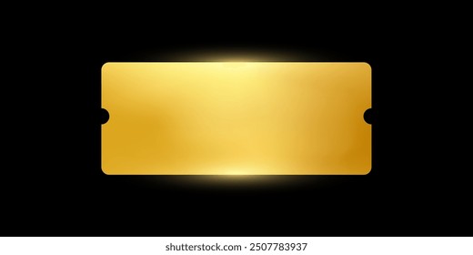 Golden ticket. Gold vector coupon, sticker or discount tag mockup isolated on black background. Cinema, theater, concert, party, event, festival invitation entrance.