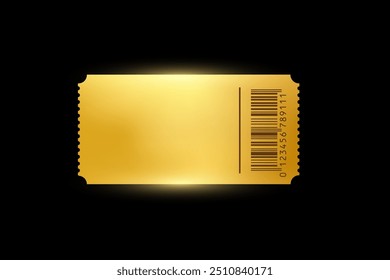 Golden ticket. Gold vector coupon, sticker or discount tag mockup isolated on black background. Cinema, theater, concert, party, event, festival invitation entrance.