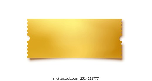 Golden ticket. Gold vector coupon, sticker or discount tag mockup isolated on white background. Cinema, theater, concert, party, event, festival invitation entrance.