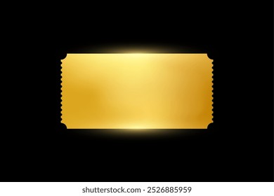 Goldenes Ticket. Goldvektor-Coupon, Aufkleber oder Discount-Tag-Mockup einzeln auf schwarzem Hintergrund. Kino, Theater, Konzert, Party, Event, Einladung zum Festival.