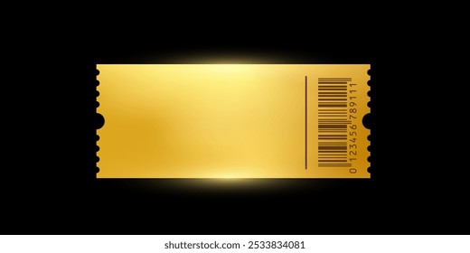 Golden ticket. Gold vector coupon, sticker or discount tag mockup isolated on black background. Cinema, theater, concert, party, event, festival invitation entrance.