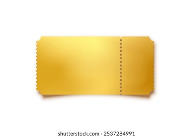 Golden ticket. Gold vector coupon, sticker or discount tag mockup isolated on white background. Cinema, theater, concert, party, event, festival invitation entrance.