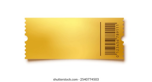 Billete de oro. Cupón del Vector del oro, etiqueta engomada o maqueta de la etiqueta del descuento aislada en el fondo blanco. Cine, teatro, concierto, fiesta, evento, festival invitación entrada.