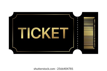 Golden ticket. Gold vector coupon, sticker or discount tag mockup isolated on white background. Cinema, theater, concert, party, event, festival invitation entrance.