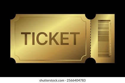 Golden ticket. Gold vector coupon, sticker or discount tag mockup isolated on white background. Cinema, theater, concert, party, event, festival invitation entrance.