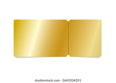 Golden ticket. Gold vector coupon, sticker or discount tag mockup isolated on white background. Cinema, theater, concert, party, event, festival invitation entrance.