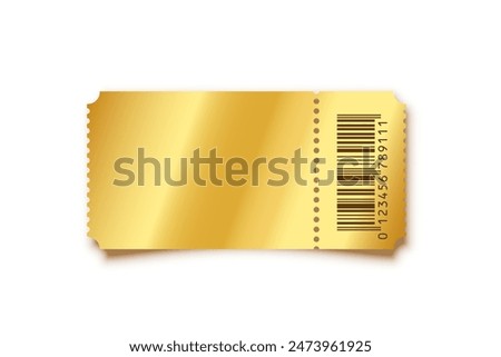 Golden ticket. Gold vector coupon, sticker or discount tag mockup isolated on white background. Cinema, theater, concert, party, event, festival invitation entrance.