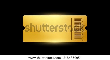 Golden ticket. Gold vector coupon, sticker or discount tag mockup isolated on black background. Cinema, theater, concert, party, event, festival invitation entrance.