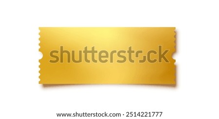 Golden ticket. Gold vector coupon, sticker or discount tag mockup isolated on white background. Cinema, theater, concert, party, event, festival invitation entrance.