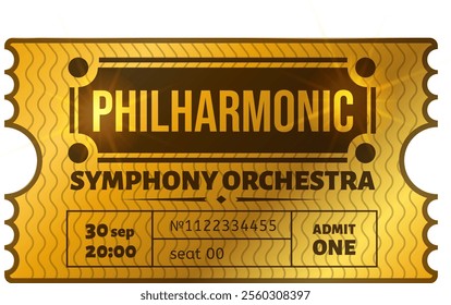 Golden ticket granting access to an exclusive Philharmonic Symphony Orchestra concert on September 30th at 8 PM, featuring seat number 00 for one fortunate attendee