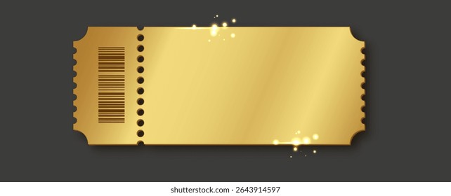 Golden ticket isolated on dark. Blank vector coupon, festival passe, and invitation stub. Elegant gold design for cinema, concert, or VIP events.