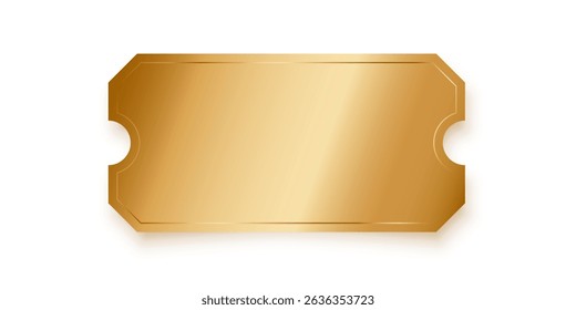 Golden ticket isolated on transparent background. Gold coupon, sticker or discount tag mockup. Cinema, theater, concert, party, event, festival invitation entrance. Realistic vector illustration.