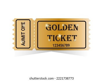 Golden ticket isolated on white background. Useful for any festival, party, cinema, event, entertainment show