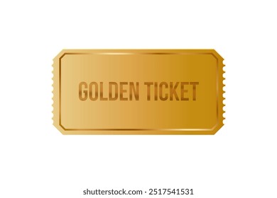 Golden ticket on white background. Gold coupon, sticker or discount tag mockup. Cinema, theater, concert, party, event, festival invitation entrance. Realistic vector illustration.