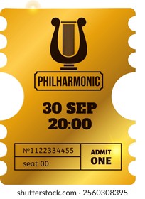 Golden ticket for a philharmonic concert featuring a lyre, scheduled for September 30th at 8 PM, seat number 00, inviting music enthusiasts to a classical music experience