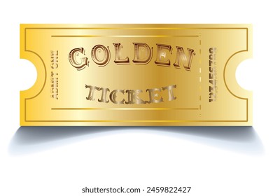 Golden ticket. Realistic golden show ticket. Old premium cinema entrance tickets. Gold admission to movie theater or amusement shows vector set.