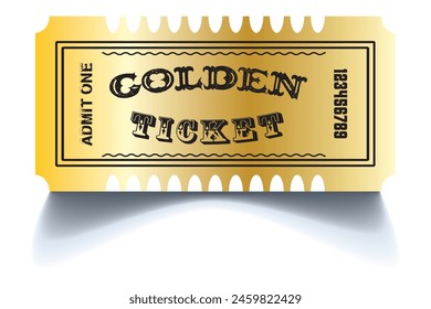 Golden ticket. Realistic golden show ticket. Old premium cinema entrance tickets. Gold admission to movie theater or amusement shows vector set.