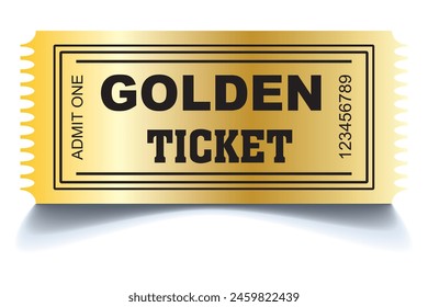 Golden ticket. Realistic golden show ticket. Old premium cinema entrance tickets. Gold admission to movie theater or amusement shows vector set.