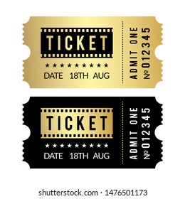 Golden ticket set. Cinema, theater, party, museum, event, concert gold and black vector tickets template. Film cinema coupon paper, admit entrance illustration