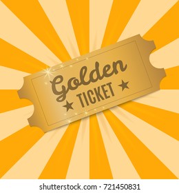 Golden Ticket. Shiny Golden Ticket On A Background Of Rays Of Light. Vector Illustration